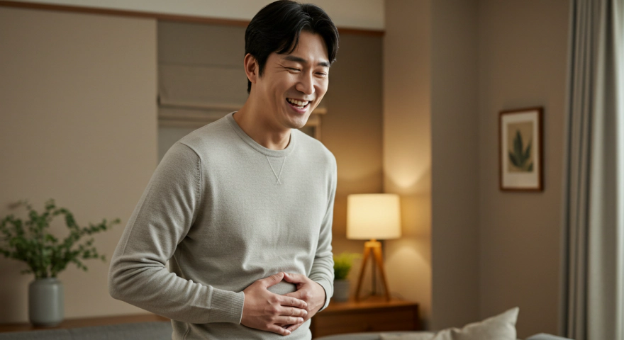 속이 편안한 표정의 남성