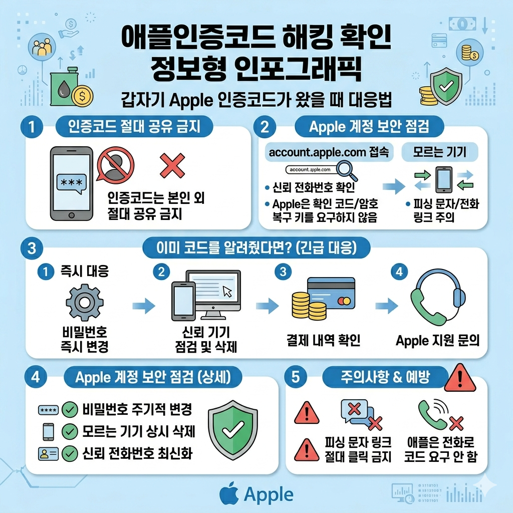 애플 인증코드가 왔을 때 해킹 확인 방법 Apple 계정 보안 점검&middot;비밀번호 변경&middot;기기 삭제 인포그래픽
