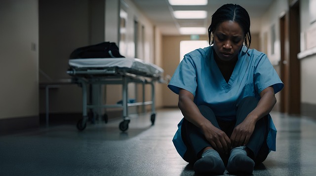 여자-의사가-복도에-앉아-있습니다.