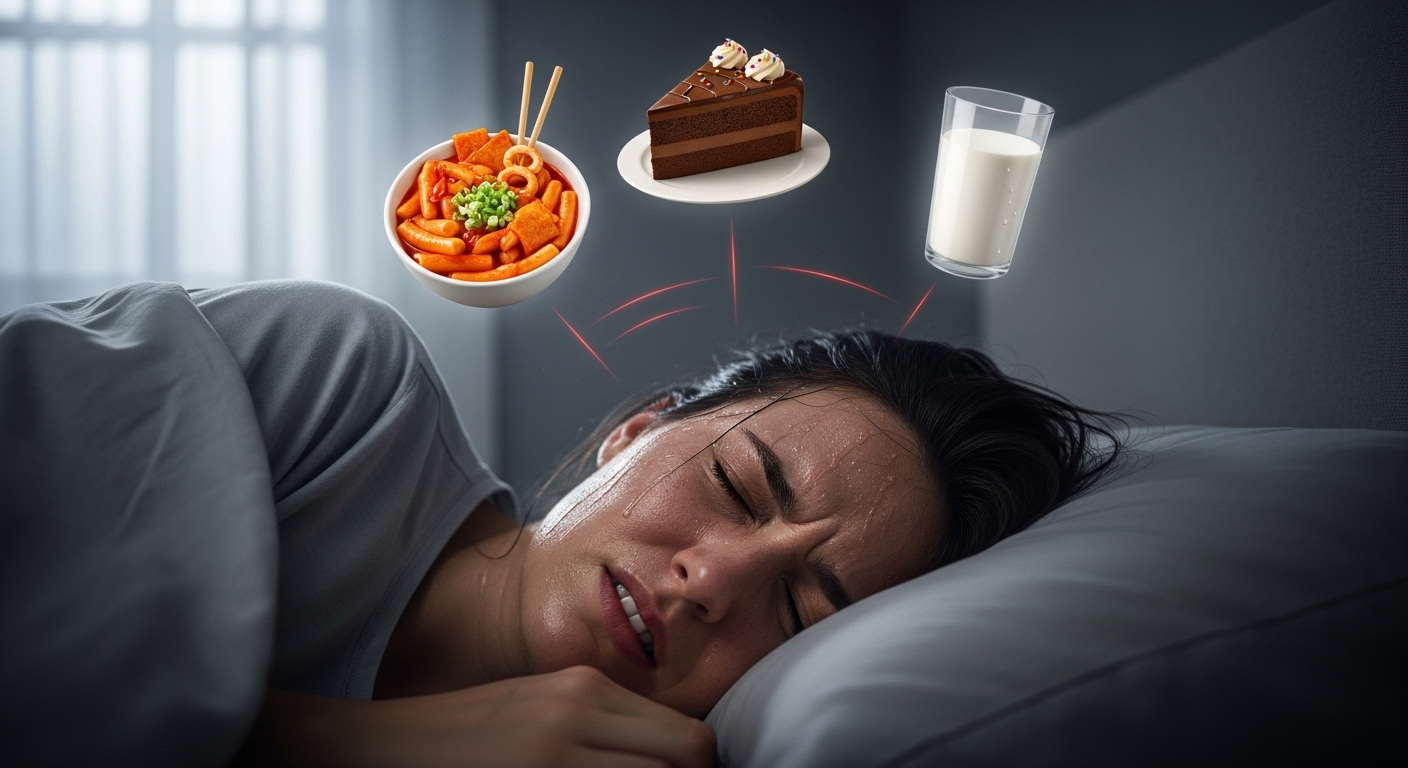 침대에서 악몽을 꾸며 괴로워하는 사람 머리 위로, '매운 떡볶이', '달콤한 케이크', '우유' 이미지가 둥둥 떠다니는 모습
