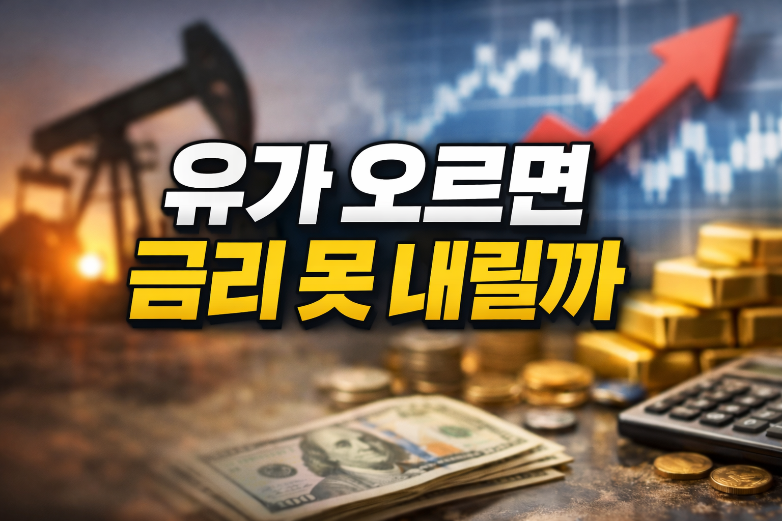 유가 오르면 금리 못 내릴까 경제 개념 이미지, 국제유가 상승 화살표와 금괴 달러 그래프를 통해 CPI 물가와 기준금리 영향 설명