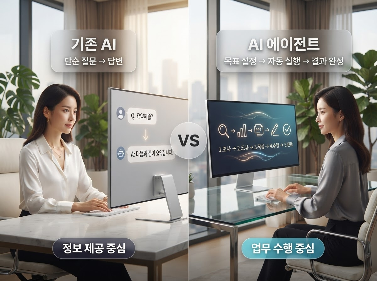 기존 AI와 AI 에이전트의 차이를 비교한 이미지, 질문 답변 방식과 업무 수행 방식 비교