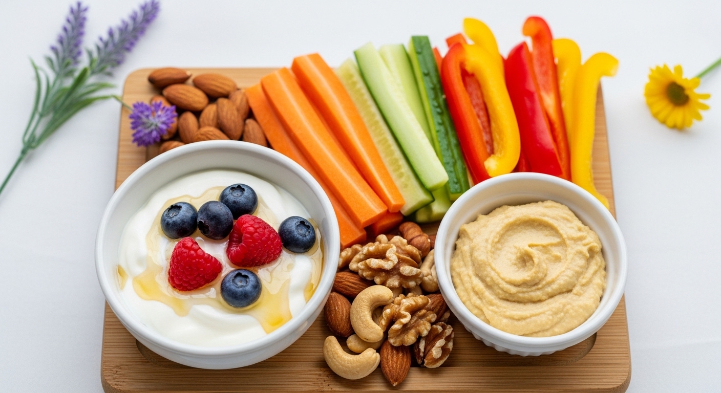 그릭 요거트와 베리, 견과류, 채소 스틱과 훔무스로 구성된 건강하고 맛있는 시니어 간식 트레이.