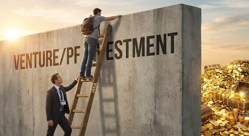 개인이 접근 못하는 높은 벽(벤처투자, PF) 너머로 증권사가 사다리(IMA)를 놓아 수익을 가져오는 일러스트