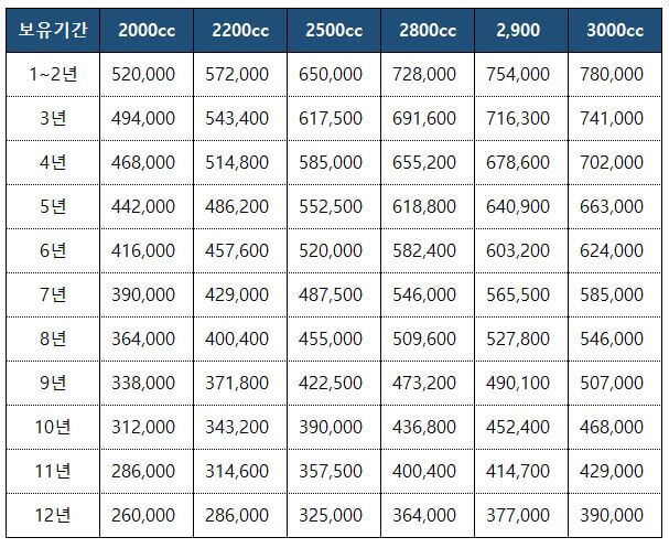 중형 자동차 세금표