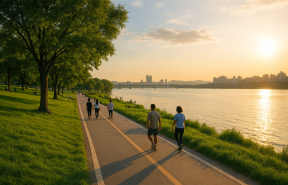 한강 산책길을 걷는 사람들