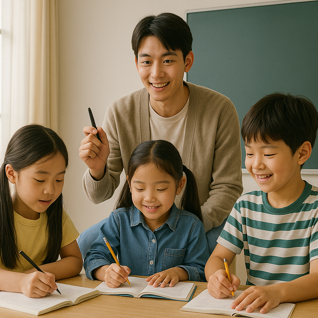 교대를 다니고 있는 학생이 초등학생들을 대상으로 교육지도 봉사활동을 하는 모습의 이미지