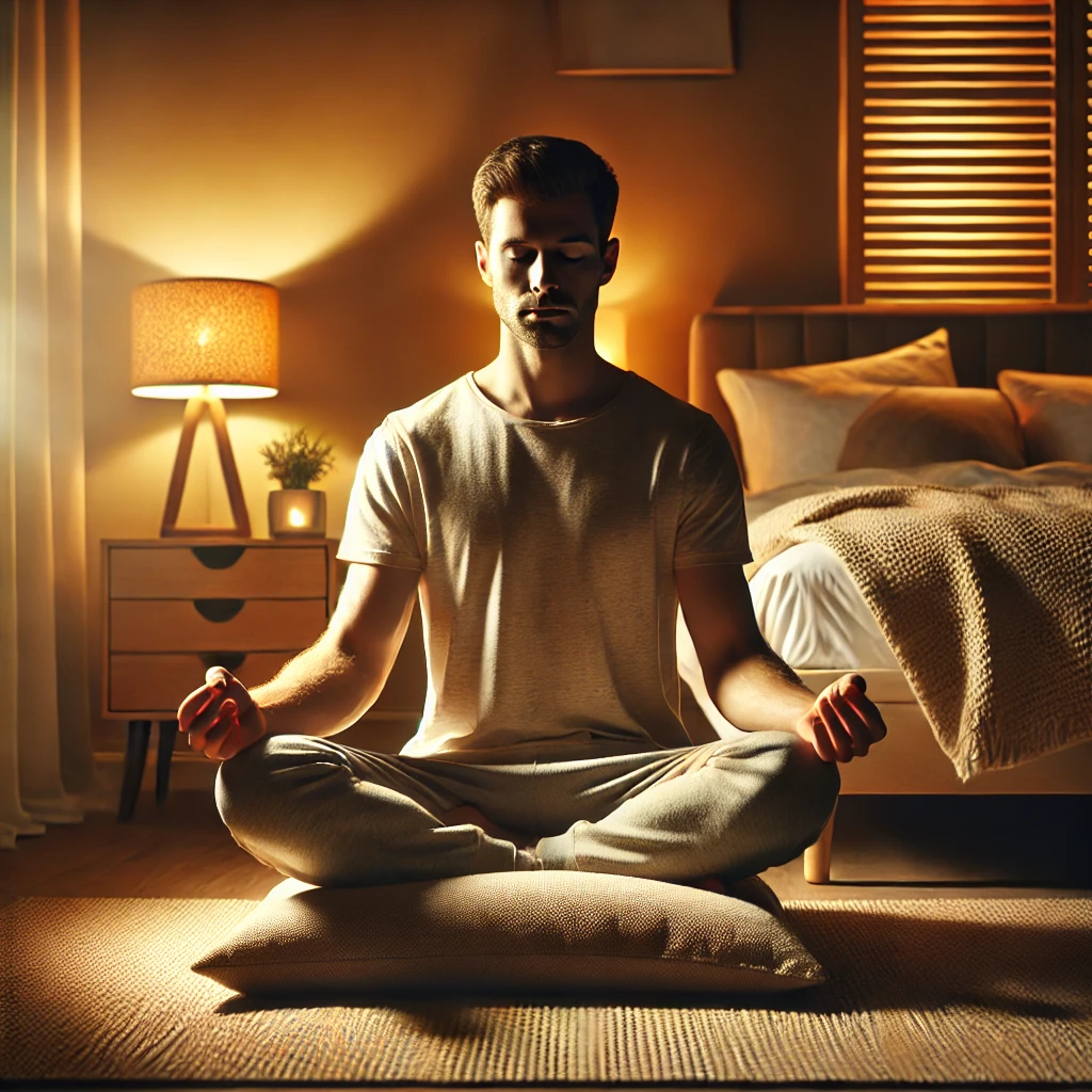 DALL·E 2025-03-19 18.22.32 - A high-quality, professional image of a person meditating before bedtime. The scene is set in a cozy, dimly lit bedroom with warm ambient lighting. Th.webp