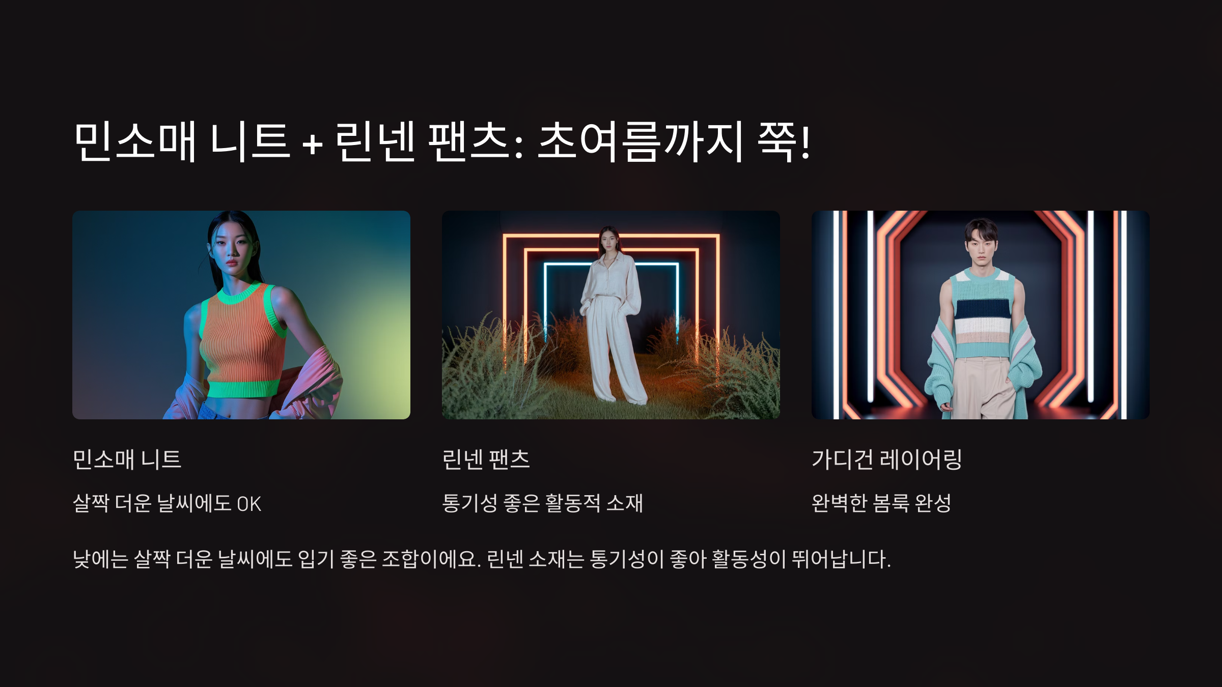 민소매 니트 + 린넨 팬츠: 초여름까지 쭉!