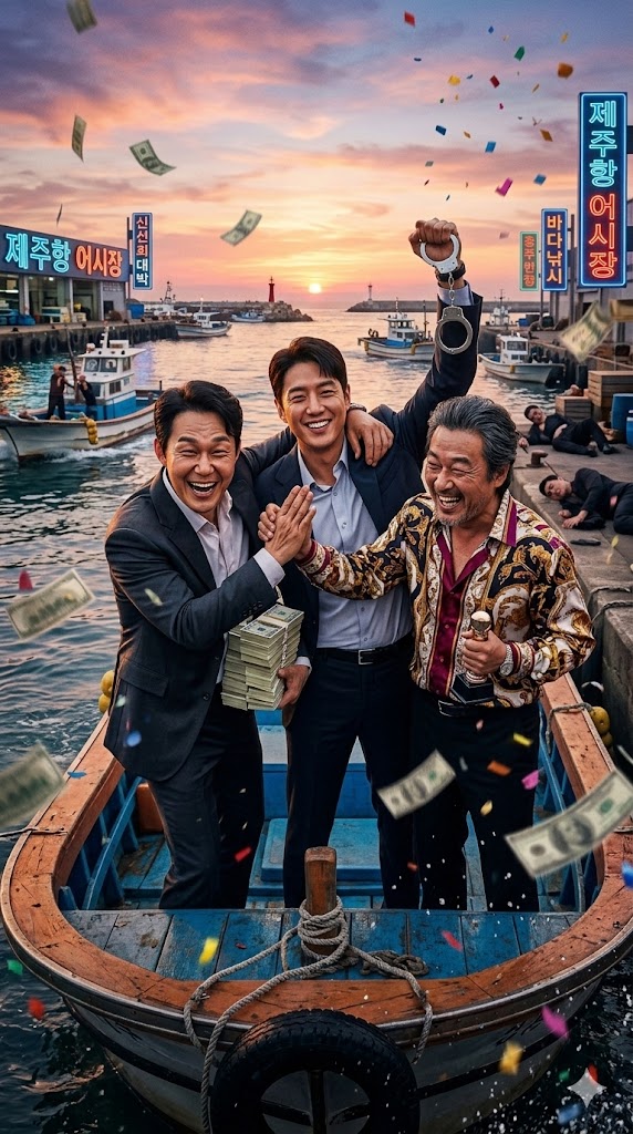 Three men ultimately in the same boat, celebrating a massive victory together on a small ship at sunset, showing a moment of pure triumph and satisfaction.