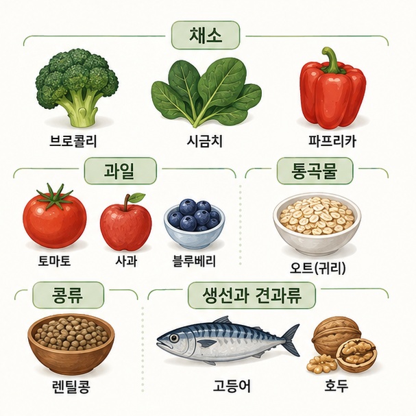 브로콜리와 시금치, 파프리카, 토마토, 사과, 블루베리, 귀리, 렌틸콩, 고등어, 호두 등 10가지 식품을 보여주는 그림