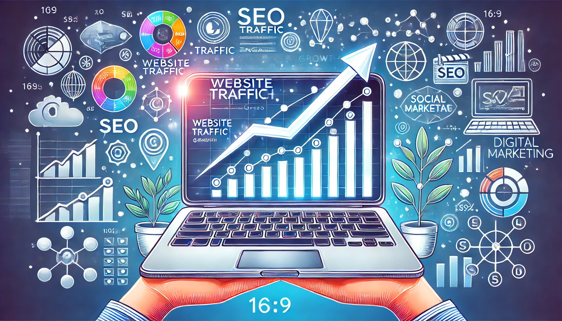 노트북 화면에 방문자 분석 그래프가 표시되어 트래픽 증가를 강조