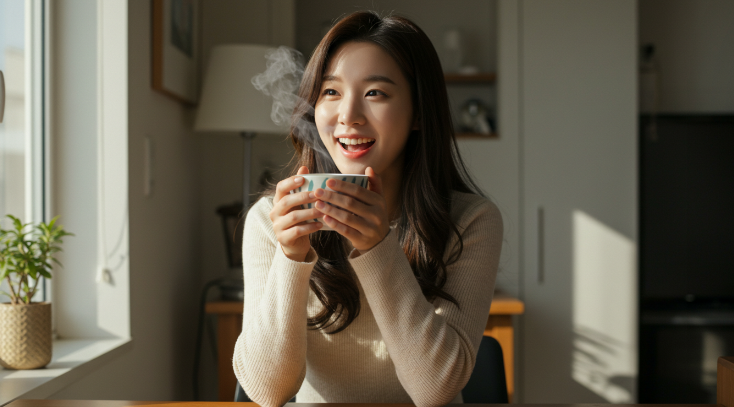 밝은 햇살이 들어오는 아파트에서 따뜻한 차를 들고 있는 30대 초반의 한국인 여성.