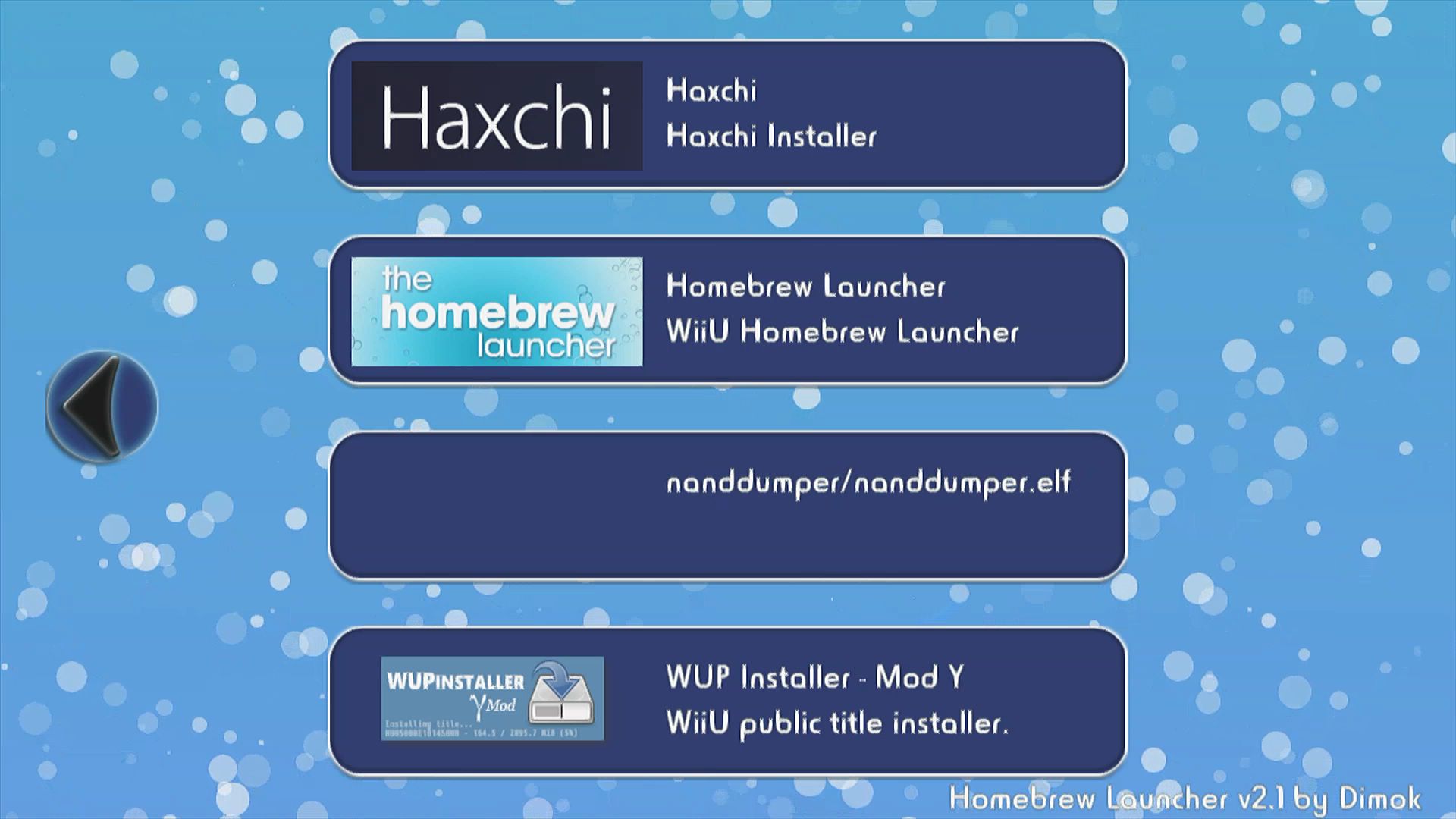 구형 Wii U Homebrew Launcher에서 WUP Installer 선택 화면