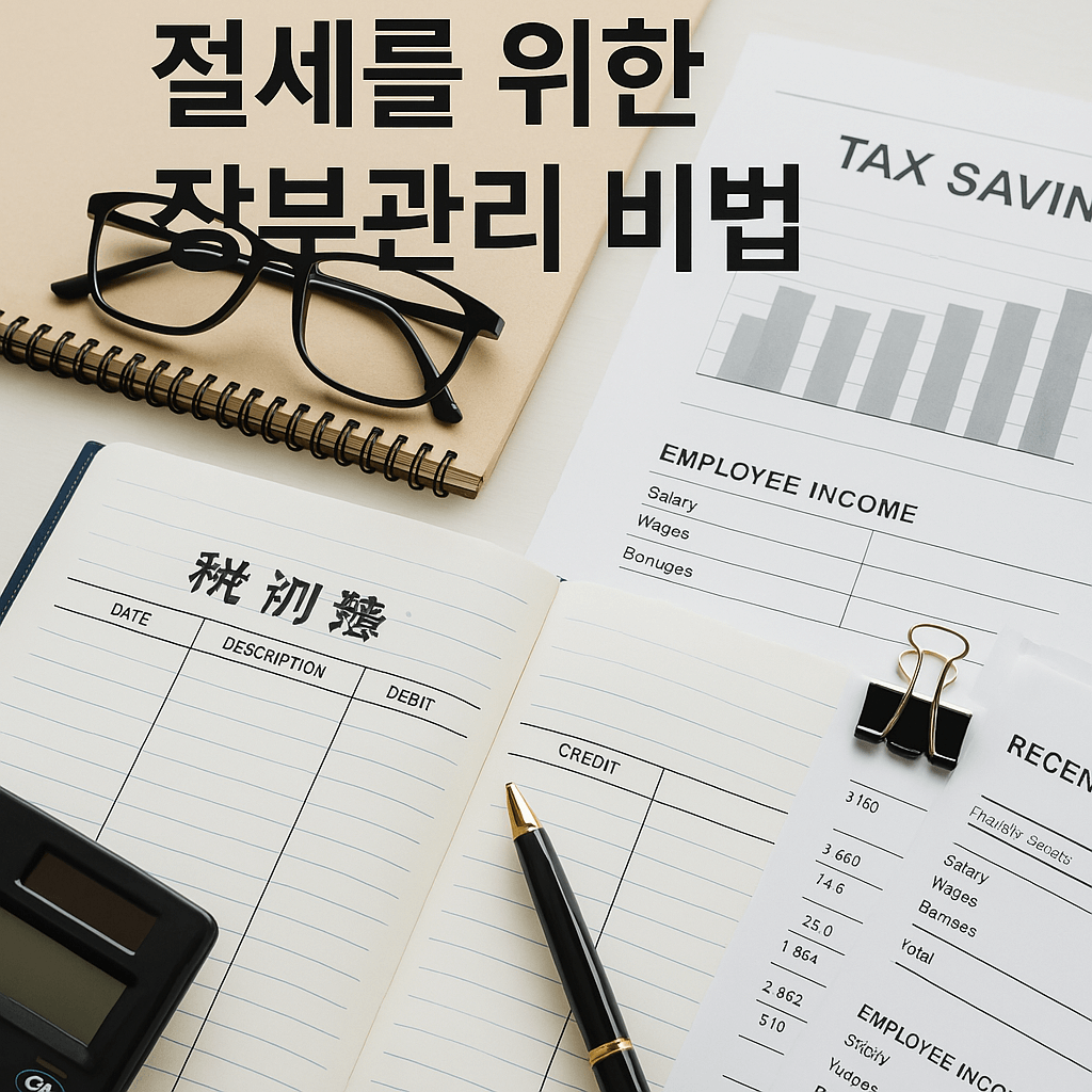 절세를 위한 장부관리 비법 써 있음 장부들과 장부 위에 안경