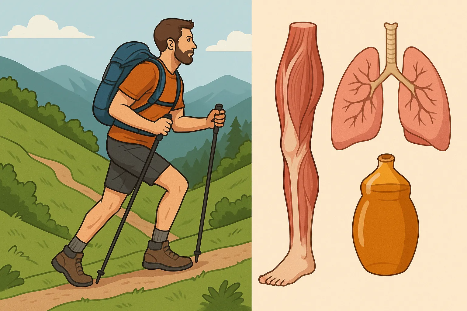 등산이-하체-근력과-폐활량에-주는-영향을-상징적으로-표현한-일러스트-좌측은-산길을-오르는-등산객-우측은-하체-근육과-폐-그림으로-등산이-신체-강화에-미치는-효과를-시각적으로-강조