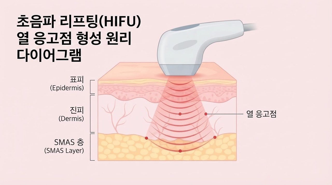 초음파 리프팅 HIFU 시술 시 표피, 진피, SMAS 층에 열 응고점이 형성되는 원리를 보여주는 해부학 다이어그램 이미지
