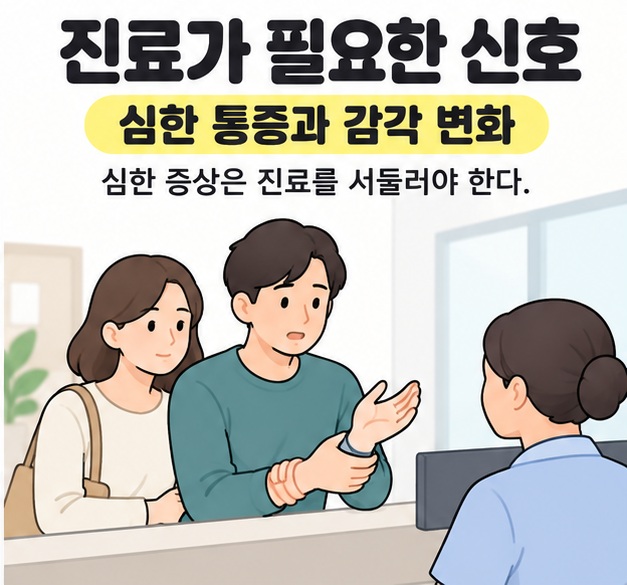 진료가 필요한 신호와 심한 통증과 감각 변화 문구 아래 동행인과 의료기관 접수대에서 손목 상태를 설명하는 남성