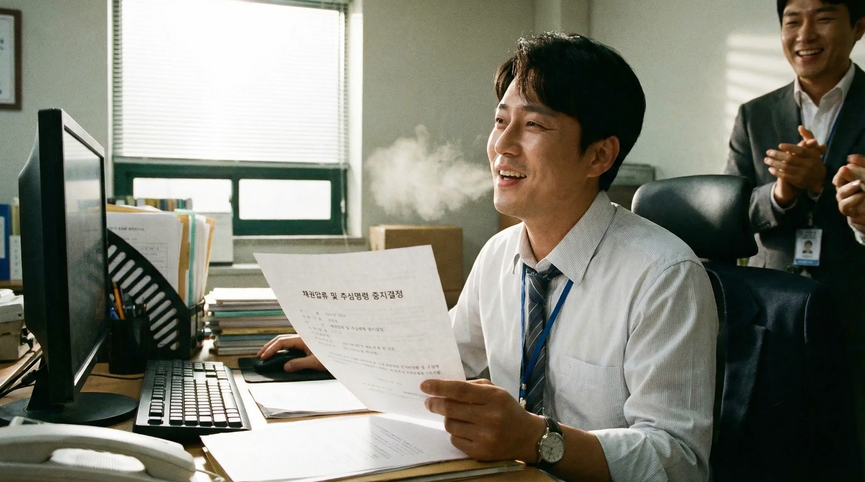 법원의 중지명령 결정문을 통해 급여 압류를 막아내고 안도하는 직장인의 모습