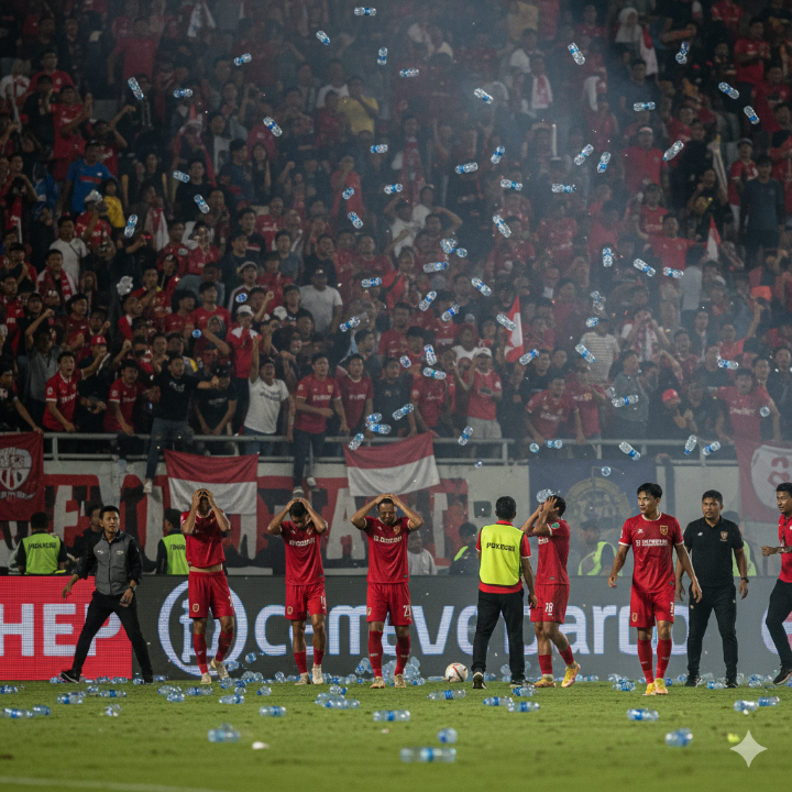 관중석에서 물병이 날아드는 혼란스러운 경기장 이미지 (현장의 충격)