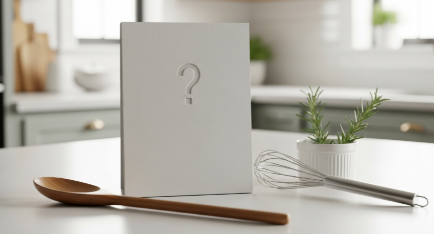 깔끔한 주방 배경에 물음표 아이콘이 있는 카드 이미지