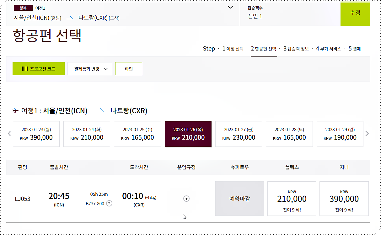 항공편 여정 선택