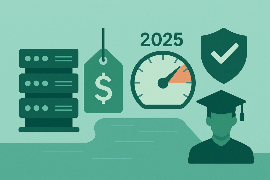 2025년 저렴한 웹호스팅 추천 TOP 5를 나타내는 서버 아이콘, 가격 태그, 보안 체크 아이콘, 학생 개발자 일러스트