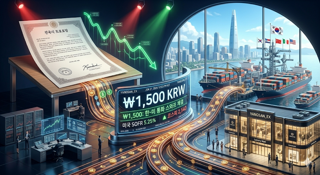 2026년 6월 25일 목요일 아침, 도널드 트럼프 미국 대통령의 이란 종전 협상 서명 문서 위로 국제 유가 그래프가 하향 안정화되며 물가 정점 피크아웃 시그널이 켜지지만, 1,500원 고공행진 전광판 아래서 달러 화폐를 쓸어 담는 한국 대형 수출주와 명품 쇼핑 백화점관의 화려한 대조를 표현한 고밀도 3D 금융 뉴노멀 인포그래픽