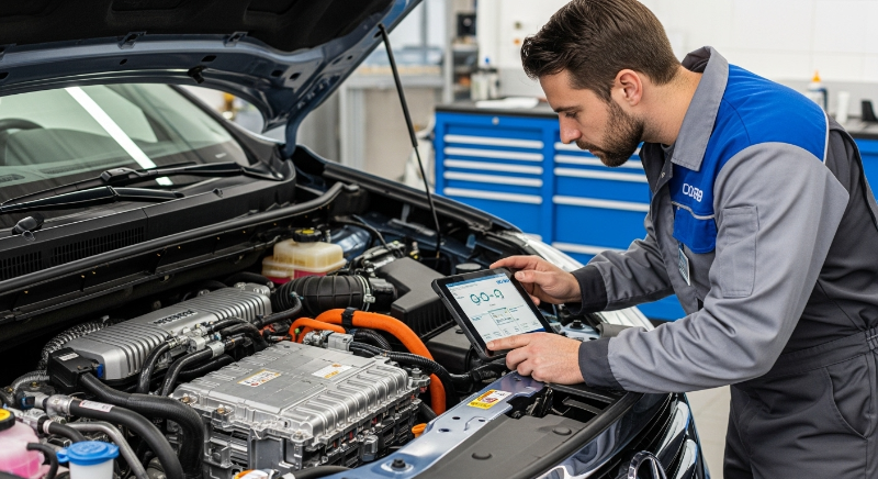 숙련된 정비사가 진단 장비로 중고 하이브리드 SUV의 배터리와 시스템을 점검하는 모습, 구매 전 필수 점검의 중요성 강조