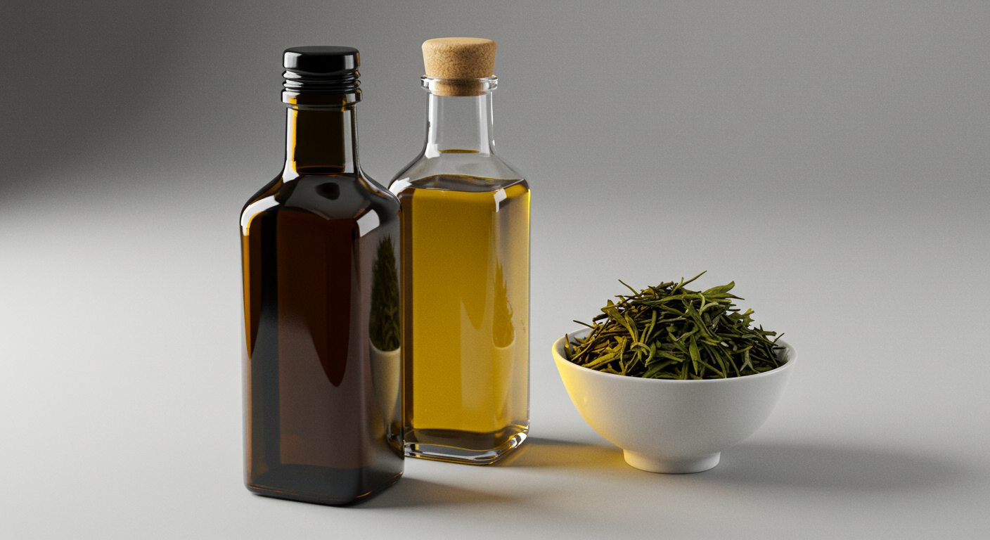 참깨오일, 동백오일, 녹차잎이 테이블 위에 올려 있다.