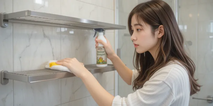 욕실 선반에 WD-40를 사용하는 여성