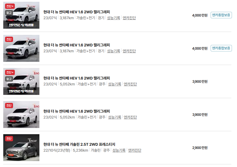 현대 싼타페 중고차 가격 시세표 유지비