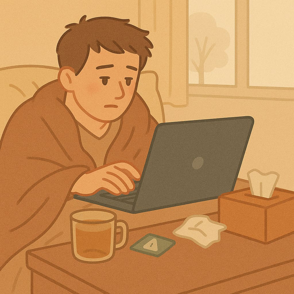 감기 걸려 이불 속에서 노트북을 켠 사람