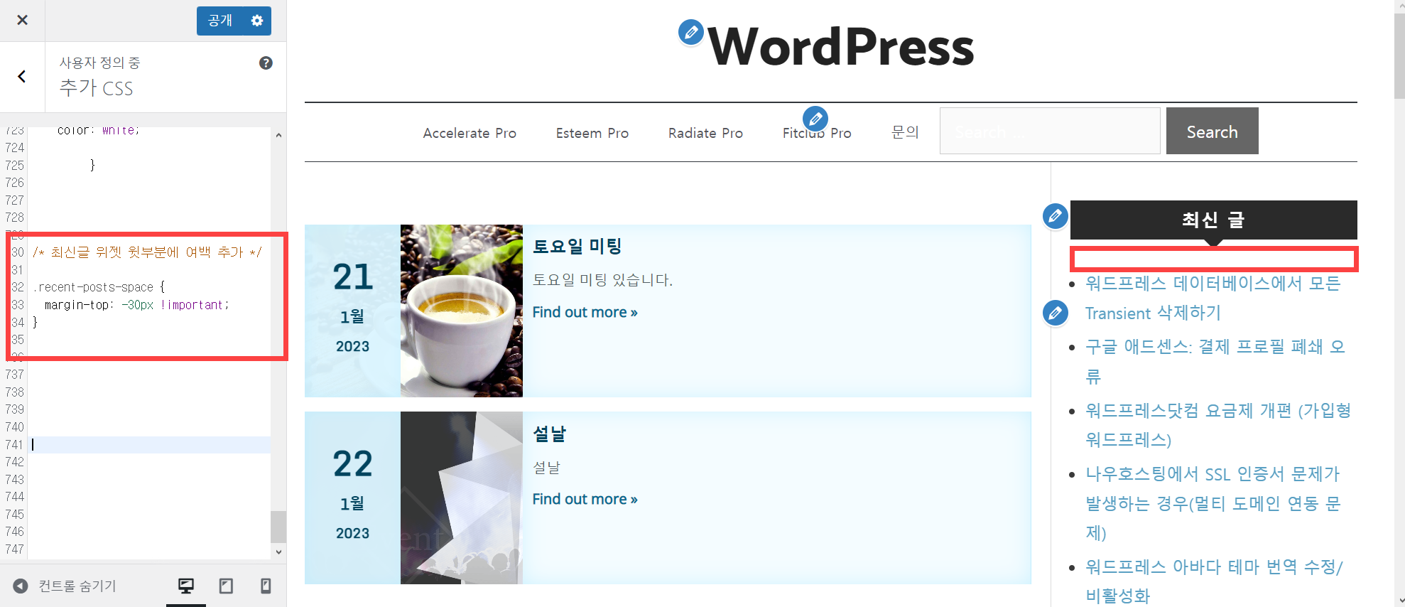 사용자 정의 CSS 코드