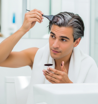 흰머리를 감추려고 염색을 하고 있는 남성의 모습