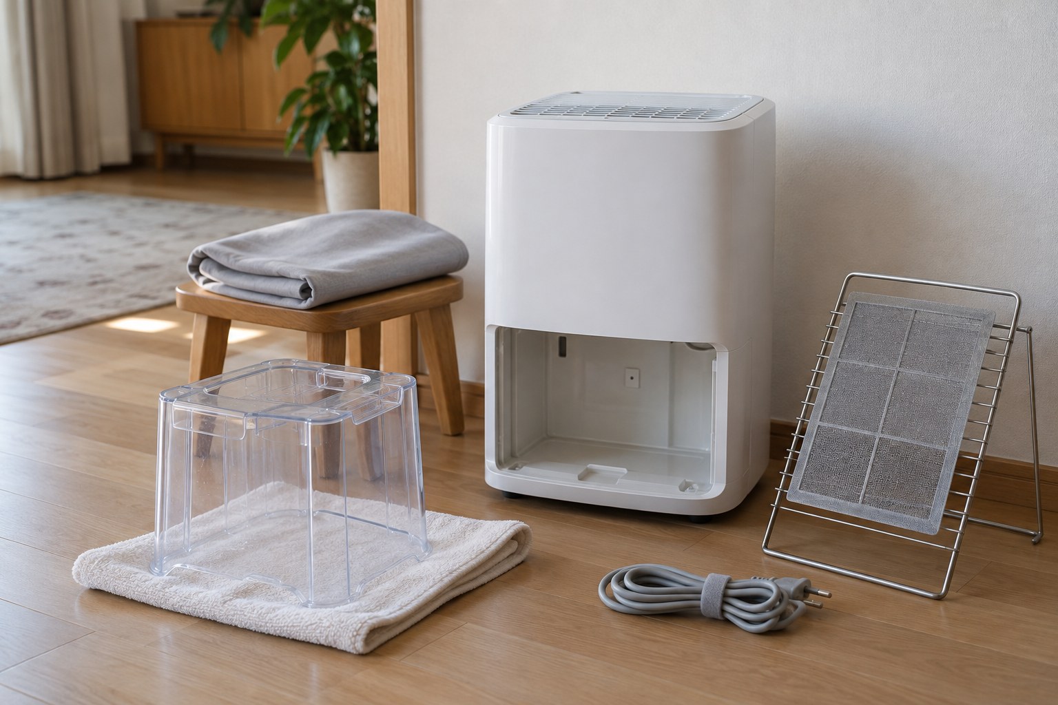 밝은 나무 바닥 위 흰색 제습기가 벽 앞에 세워져 있고 물통 칸은 비어 있다. 앞쪽 수건 위에는 비운 투명 물통이 엎어져 마르고, 오른쪽 철제 건조대에는 회색 그물 필터가 걸려 있으며, 뒤편 나무 의자에는 접은 회색 천 커버가, 바닥에는 감아 묶은 전원 코드가 놓여 있다.
