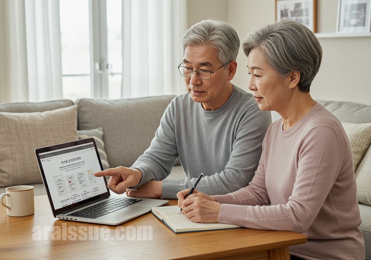 국세청 사이트를 보며 공제 신청하는 노부부