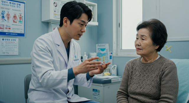 의료진이 노인 환자에게 설명하는 장면