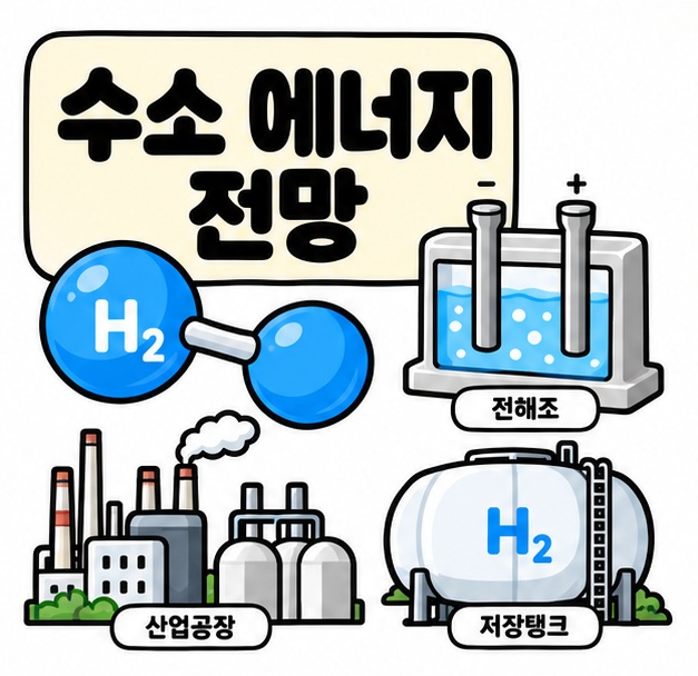 수소 분자 전해조 산업공장 아이콘 옆에 수소 에너지 전망 문구를 크게 보여주는 대표 카드