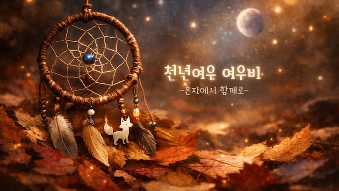한국 애니메이션 천년여우 여우비 2007 리뷰 썸네일, 낙엽 위에 놓인 드림캐쳐와 작은 여우참, 은은한 별빛과 달빛이 감도는 서정적인 판타지 분위기