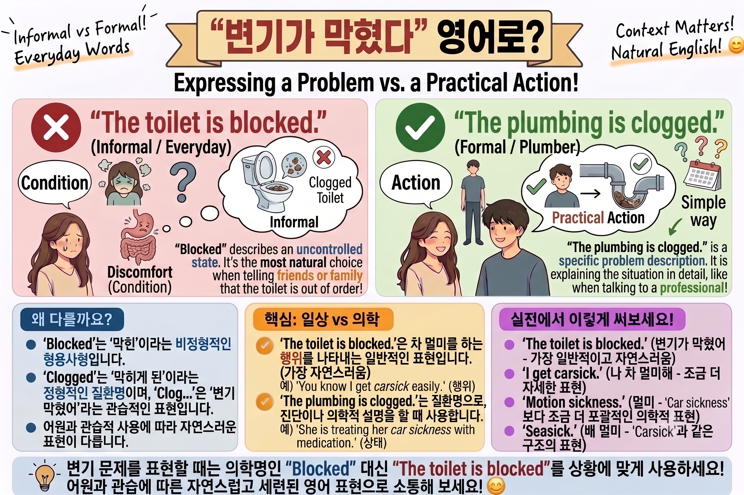 변기가 막혔다 영어로 The toilet is blocked