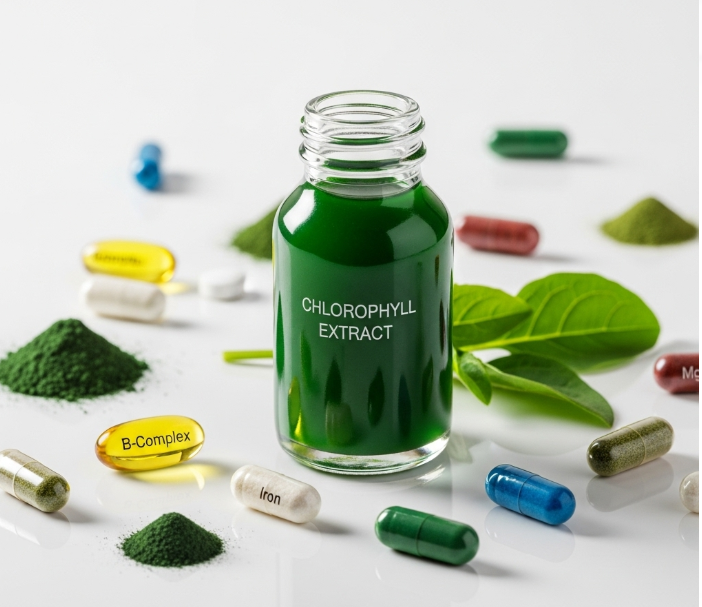 식물에서 추출한 클로로필 액상과 여러 종류의 비타민, 미네랄 캡슐이 놓여있는 사진. 건강기능식품의 느낌을 강조하는 연출이다.