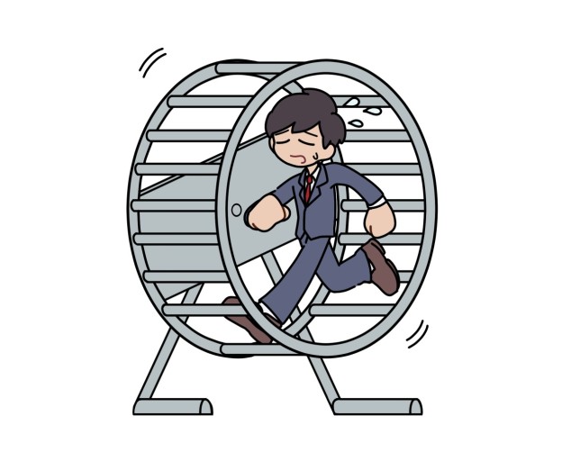 직장인으로 보이는 사람이 쳇바퀴를 돌고 있는 이미지이다.