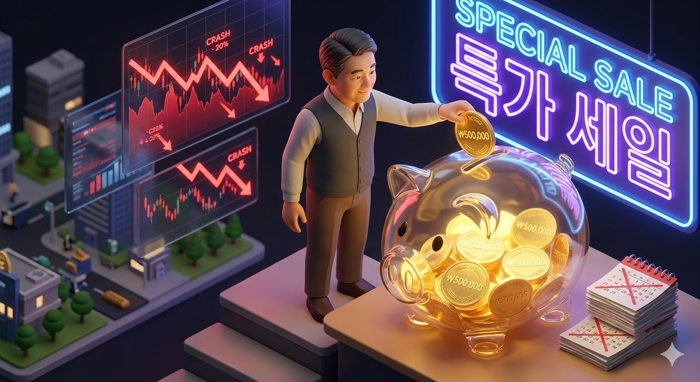 급락하는 붉은색 차트 위로 'SALE' 문구가 번쩍이고,

매달 50만 원씩 동전을 채워 넣는 거대 저금통이 황금빛으로 변하는 3D 일러스트