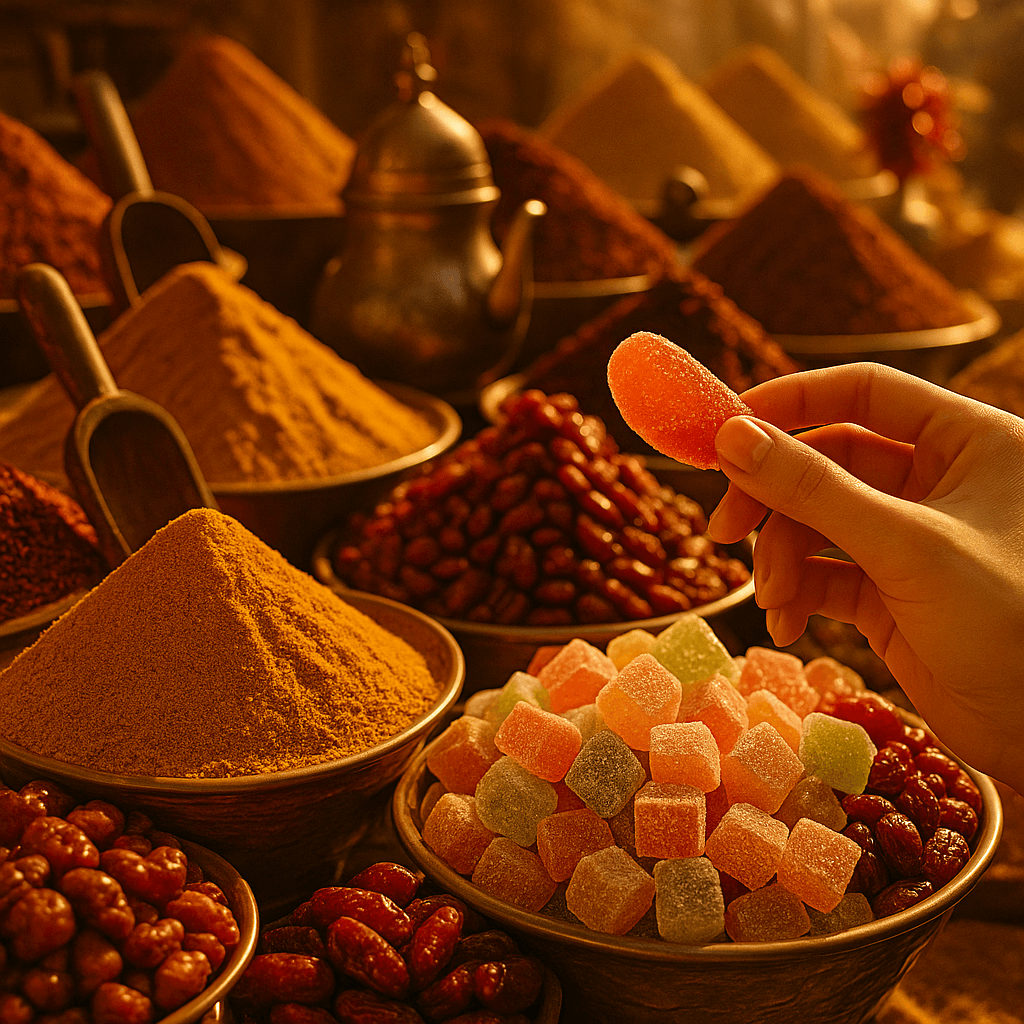 이국적인 향신료와 과일이 가득한 황금빛 시장의 정경. 테이블 위에는 다채로운 말린 과일, 시나몬 스틱, 스타 아니스, 사프란 등 고급 향신료가 놓여 있고, 따스한 햇살이 스며드는 가운데 풍성한 색감이 느껴지는 장면. 달콤한 과일 캔디를 연상시키는 이국적이고 감각적인 분위기