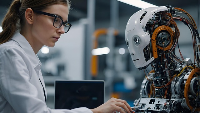 흰색 실험복을 입은 여성 과학자가 인공지능 로봇과 함께 컴퓨터 화면을 보며 신약 개발 데이터를 분석하는 장면. 인간과 AI가 협력해 과학의 새로운 시대를 여는 모습을 표현함.