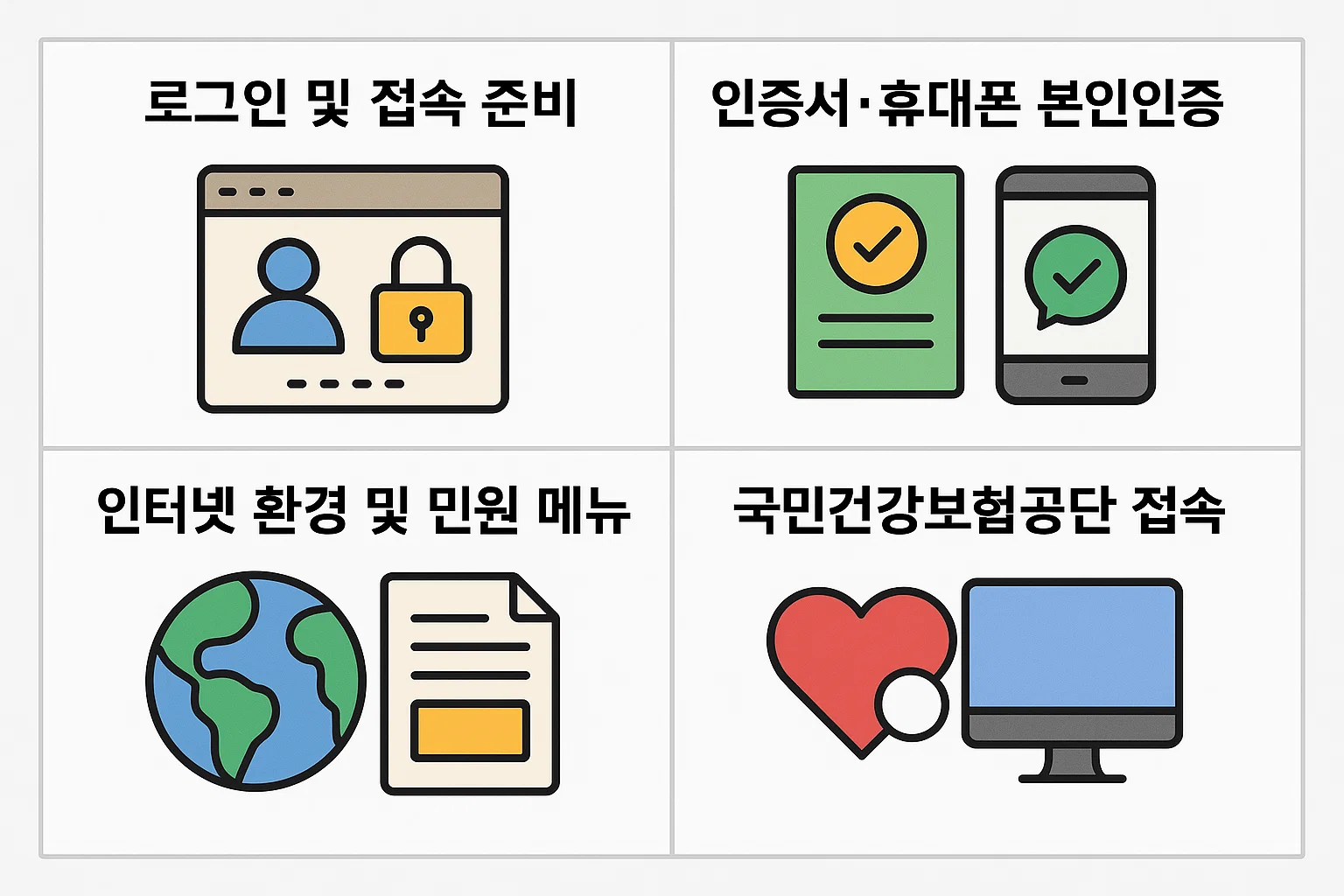 건강검진 결과를 조회하기 위한 기본 절차를 정리한 인포그래픽으로, 로그인 준비, 본인인증, 인터넷 환경 점검, 국민건강보험공단 접속 단계를 시각화했습니다.