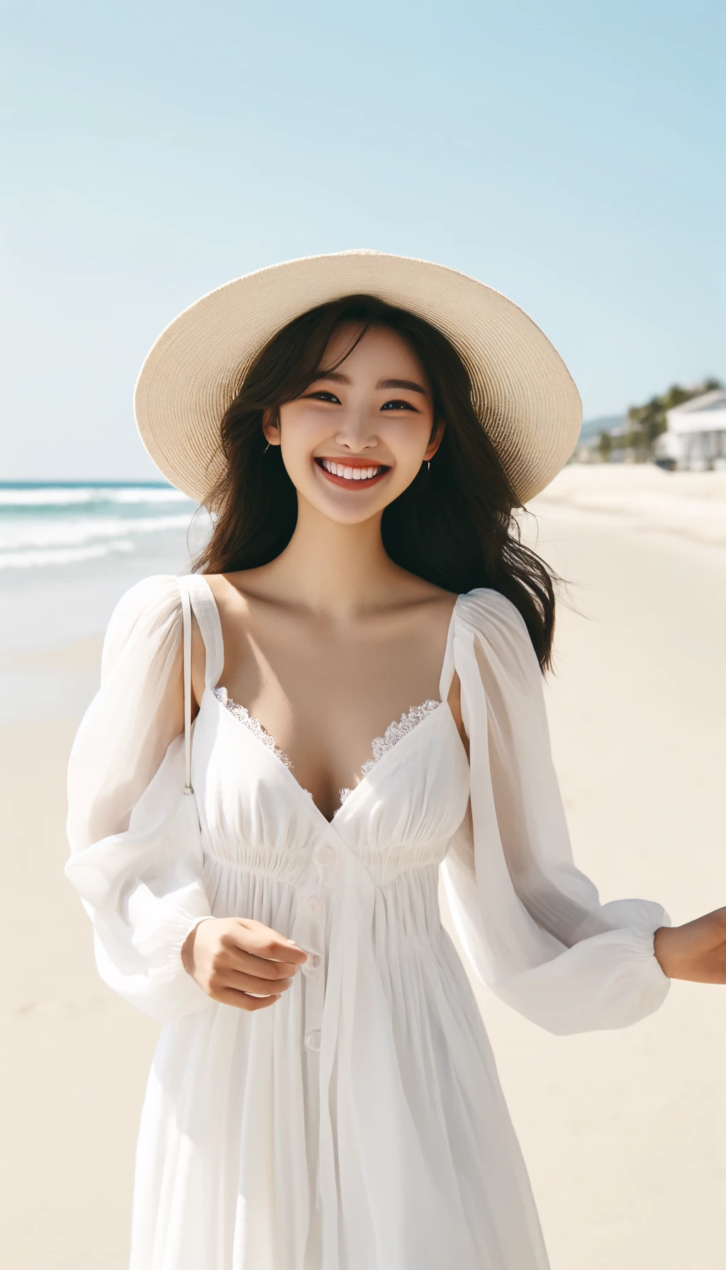 여름 원피스를 입고 브림 햇을 쓴 여자