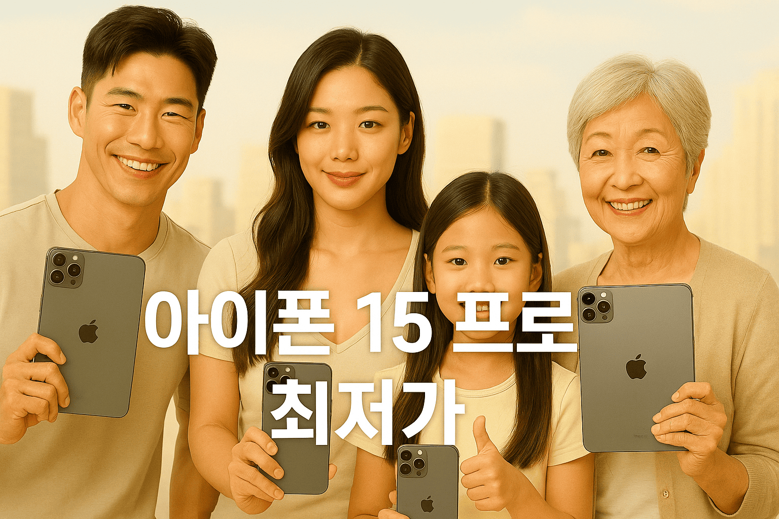 근육질의-잘생긴-한국-청년이-블랙-아이폰-15-프로를-한-손에-들고-환하게-웃고-가슴-볼륨이-도드라지는-예쁜-한국-여성이-아이폰을-들고-정면을-바라보며-부드럽게-미소지음-앞에는-노란색-상의의-긴-머리-한국-여자아이가-아이폰을-들고-엄지손가락을-들며-즐겁게-웃고-있고-오른쪽에는-짧은-은발의-단정한-인상의-노년-한국-여성이-아이폰을-양손으로-들고-따뜻한-미소를-짓고-있음-배경은-부드럽고-따뜻한-톤으로-추상화된-도시-고층-건물들이-배경을-형성하며-전체적으로-감성적이고-화사한-분위기-중앙에는-굵고-흰색-나눔고딕-글씨로-아이폰-15-프로-최저가-문구가-선명하게-표기됨