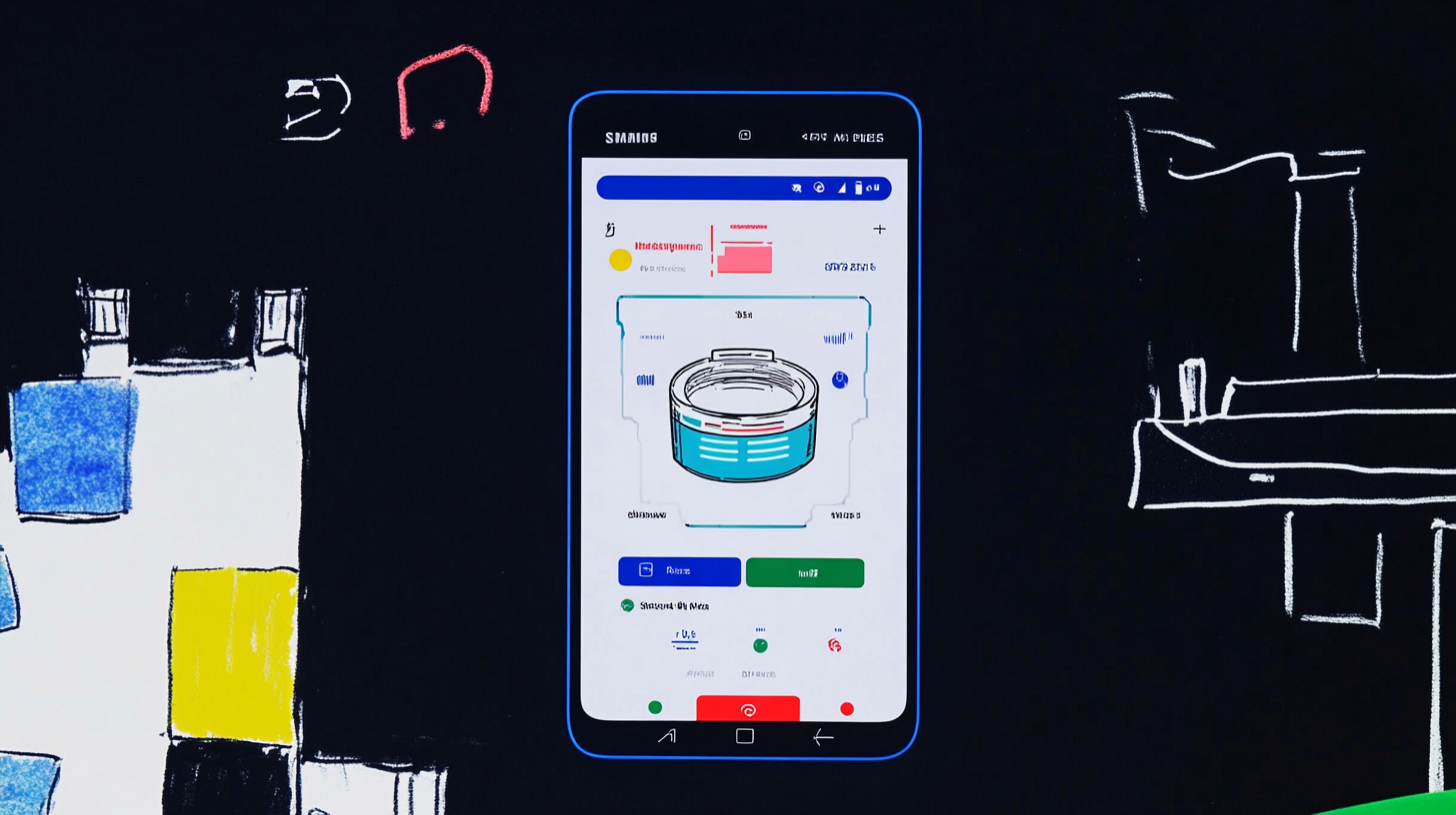 미래적인 디자인의 스마트폰 화면에 삼성 AI 세탁기 앱 인터페이스가 표시되어 있으며, 알림 및 원격 제어 옵션이 있습니다.